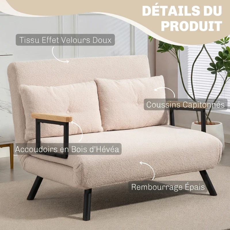 HOMCOM Canapé convertible 2 places 4 en 1, canapé-lit avec dossier réglable sur 5 niveaux, 2 coussins, 102 x 73 x 81 cm, beige