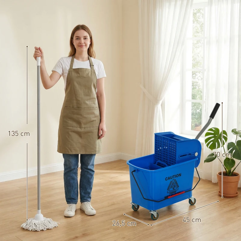 HOMCOM Balde de Limpeza com Escorredor, Painel Separador e Rodas Capacidade de 20L para Limpeza Doméstica 45x26,5x70 cm Azul