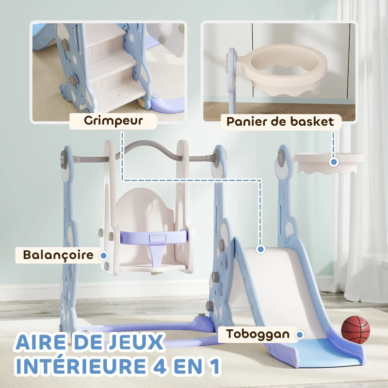 AIYAPLAY Toboggan et balançoire pour enfants 4 en 1 avec panier de basket et échelle, 147,5 x 160 x 107 cm, bleu clair