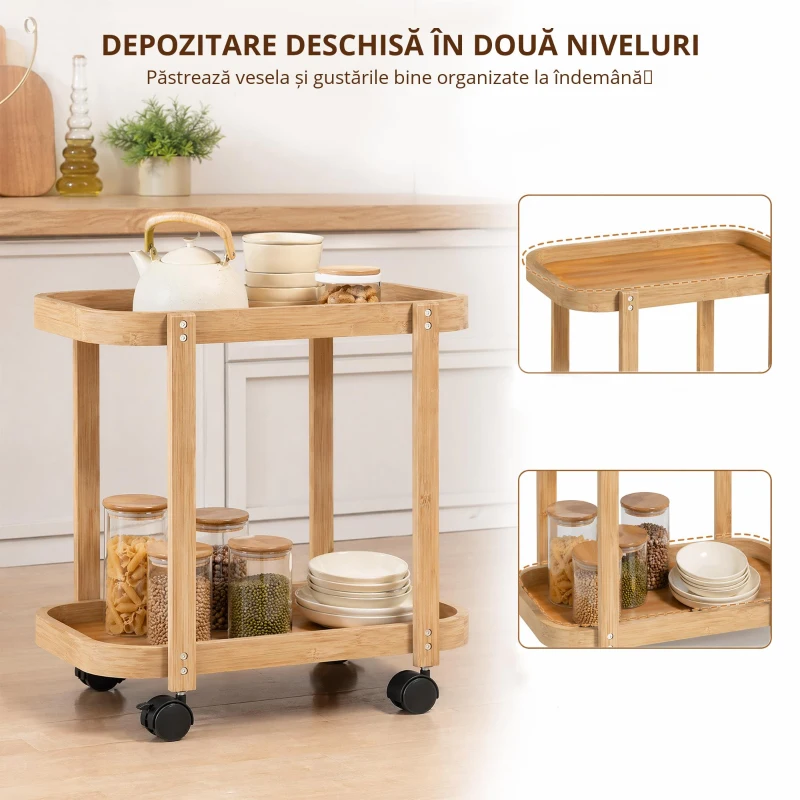 HOMCOM Cărucior de bucătărie din bambus 2 niveluri Cărucior auxiliar pentru bucătărie cu roți 2 rafturi 54x36,5x60 cm Natural