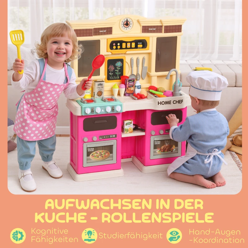 AIYAPLAY Spielküche mit fließendem Wasser, 85-teiliges Zubehör, elektrischer Wasserhahn, Lichter, Geräusche, für Kinder von 3-6