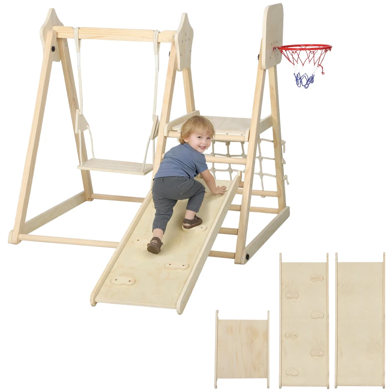 AIYAPLAY 5-in-1 Indoor-Klettergerüst mit Rutsche, Schaukel, Kletternetz, Basketballkorb, klappbar, 3-6 Jahre, Naturholz