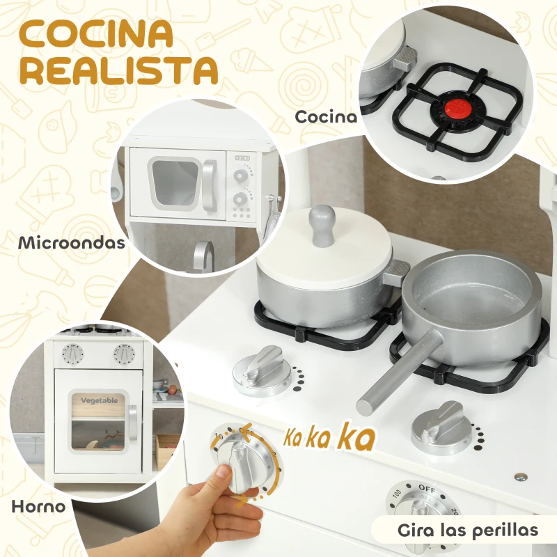AIYAPLAY Cocina de Juguete de Madera con Sonido Accesorios Fregadero y Microondas para Niños a Partir de 3 Años Blanco