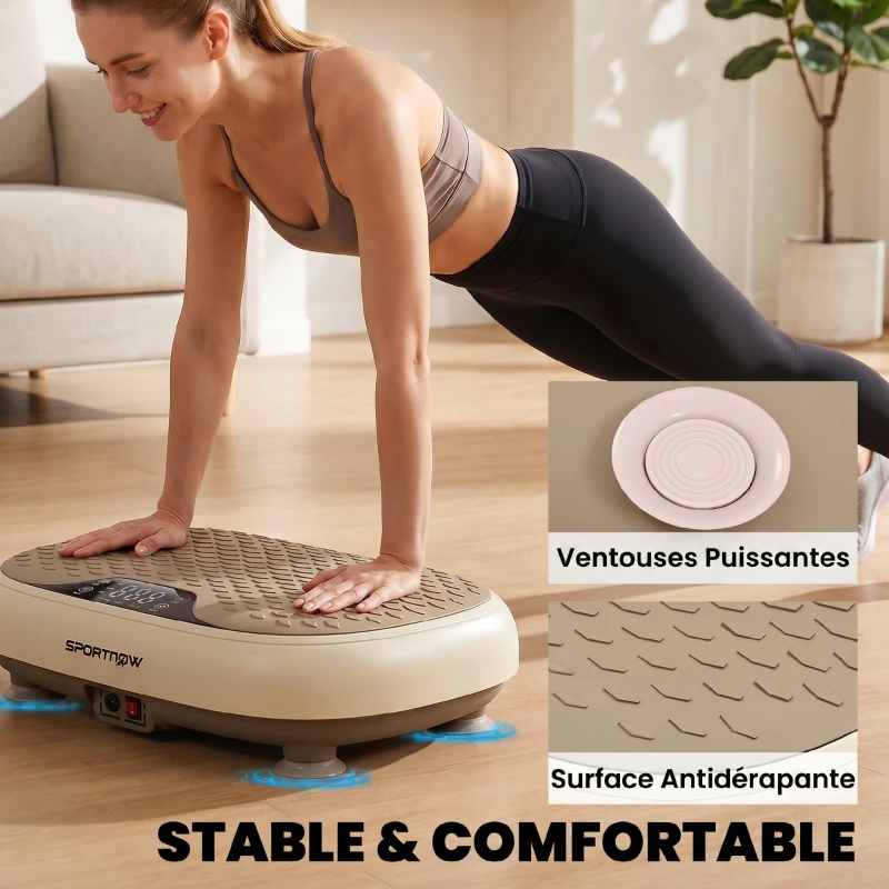 SPORTNOW Plateforme Vibrante, 20 Niveaux de Vitesse, 3 Programmes, Écran LED et Télécommande, 46 x 33 x 13,5 cm, Beige