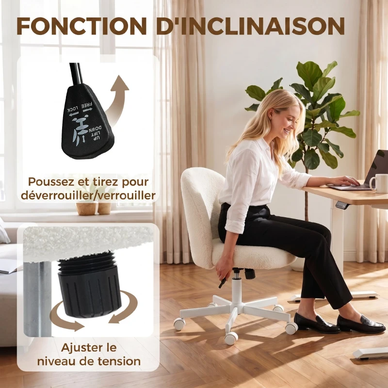 HOMCOM Chaise de Bureau Ergonomique, Fauteuil de Bureau Inclinable en Tissu Bouclette Sans Accoudoirs, Hauteur Réglable, Crème