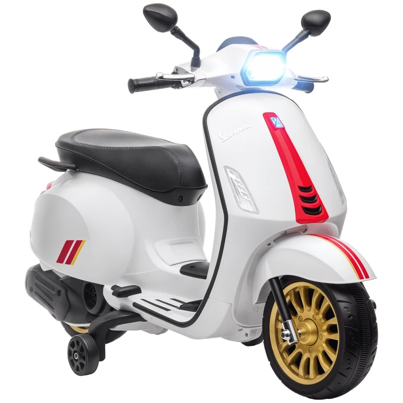 AIYAPLAY Scooter électrique enfant Vespa 6 V dim. 107L x 47l x 73H cm Musique MP3 Port USB Phare 2 roues d'entraînement - Blanc
