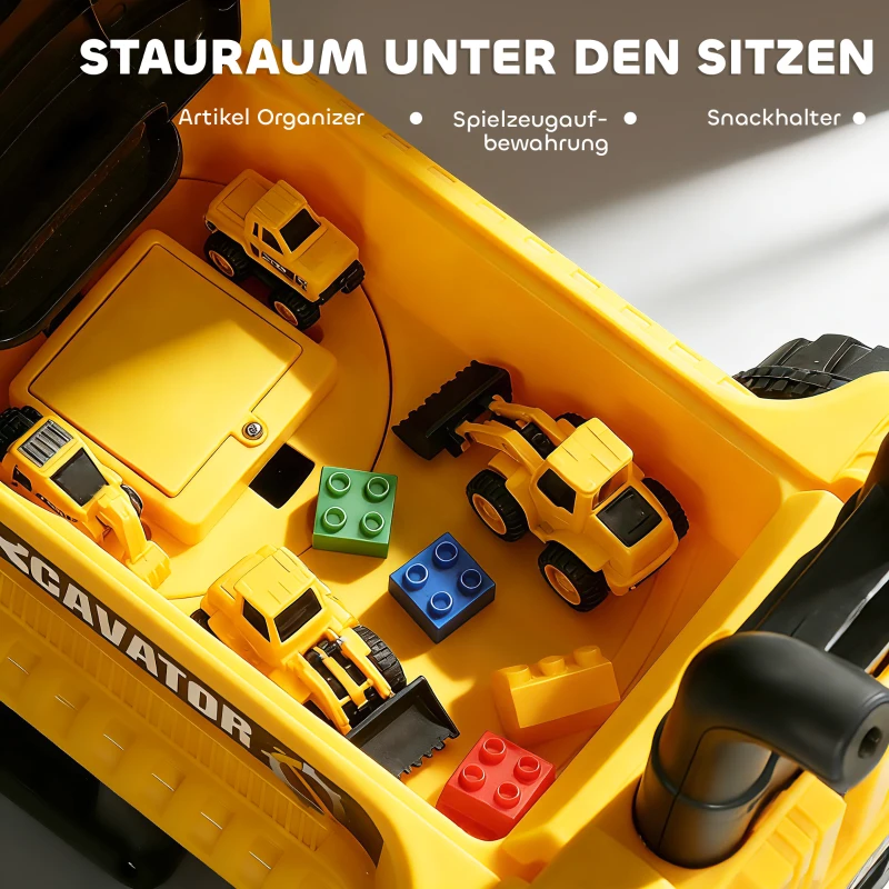 AIYAPLAY Sitzbagger Aufsitzbagger mit Schaufel Lenkrad drehbar Aufbau verstellbar Rückenlehne für Kinder 1,5-3 Jahre Gelb