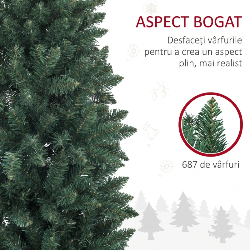 HOMCOM Brad de Crăciun Artificial 210 cm cu 687 de Ramuri, Design Îngust și Înalt cu Bază Rabatabilă, Verde