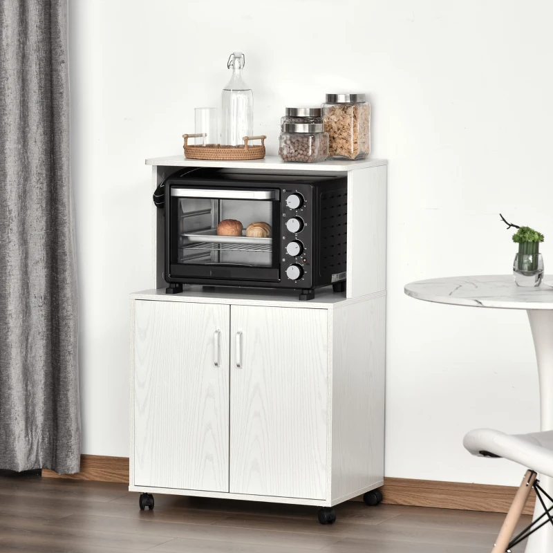 HOMCOM Mobile Cucina Multiuso con Ruote, Armadietto e Ripiano per Microonde, Credenza Alta in Legno Truciolare, 60.4x40.3x97cm Bianco