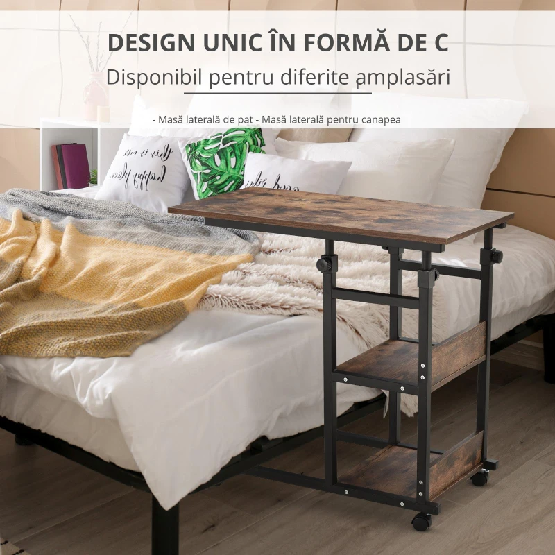 HOMCOM Masă auxiliară cu role, reglabilă pe înălțime, compactă, 2 rafturi, cadru metalic, 80x40x72-82 cm, Maro/Negru