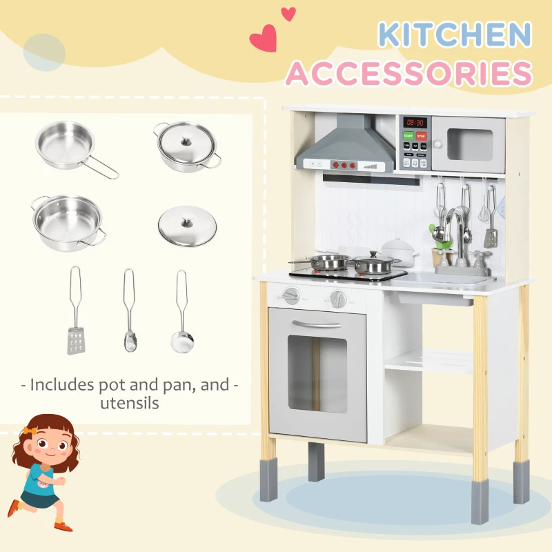 HOMCOM Cozinha Infantil de Madeira Cozinha para Crianças acima de 3 Anos com Altura Ajustável Luz Sons 60x30,5x93,2cm Branco e Cinza