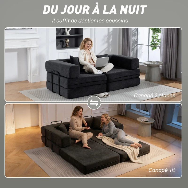 HOMCOM Canapé Convertible 2 Places, Canapé-Lit en Chenille 198 cm, Assise et Accoudoirs Larges, 2 Coussins, Gris Foncé