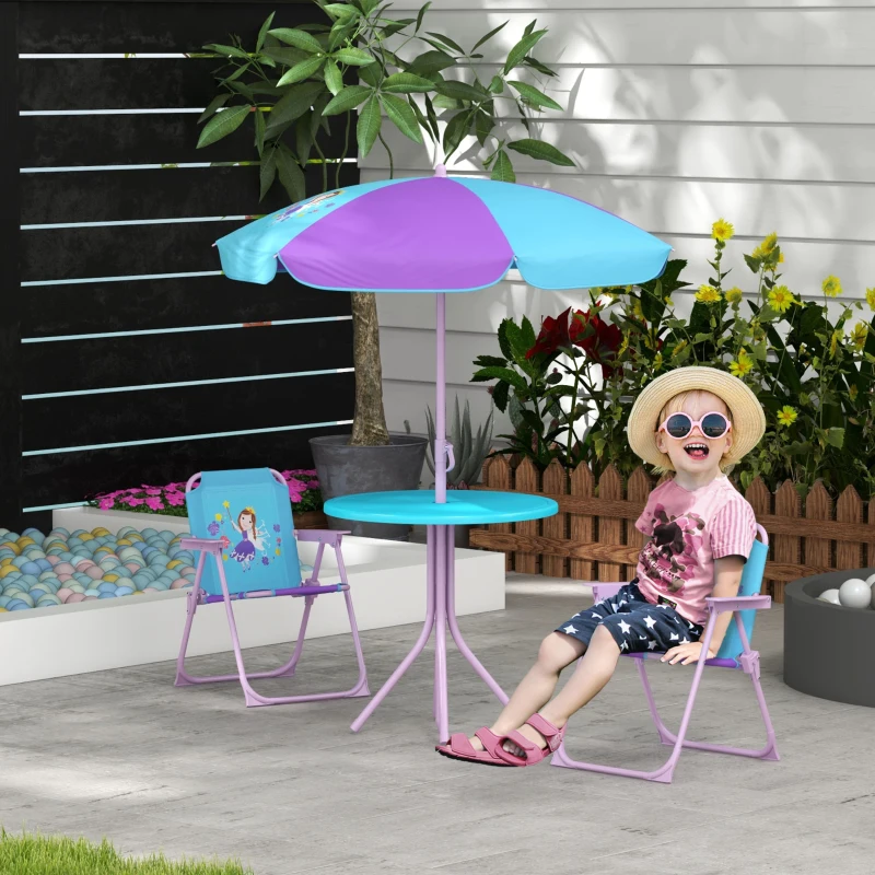 Outsunny Kids Picnic Table and Chair Set, Fairy Themed Outdoor Garden Furniture w/ Foldable Chairs, Adjustable Parasol