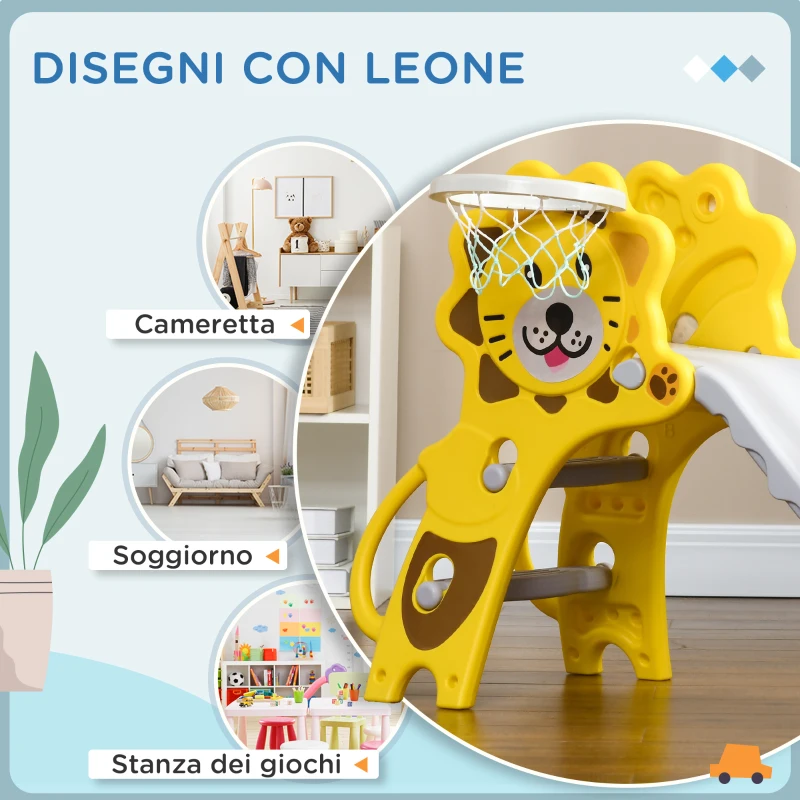 AIYAPLAY Scivolo per Bambini 18-36 Mesi con Canestro da Basket Laterale in PE, 131x50x74 cm, Giallo e Grigio