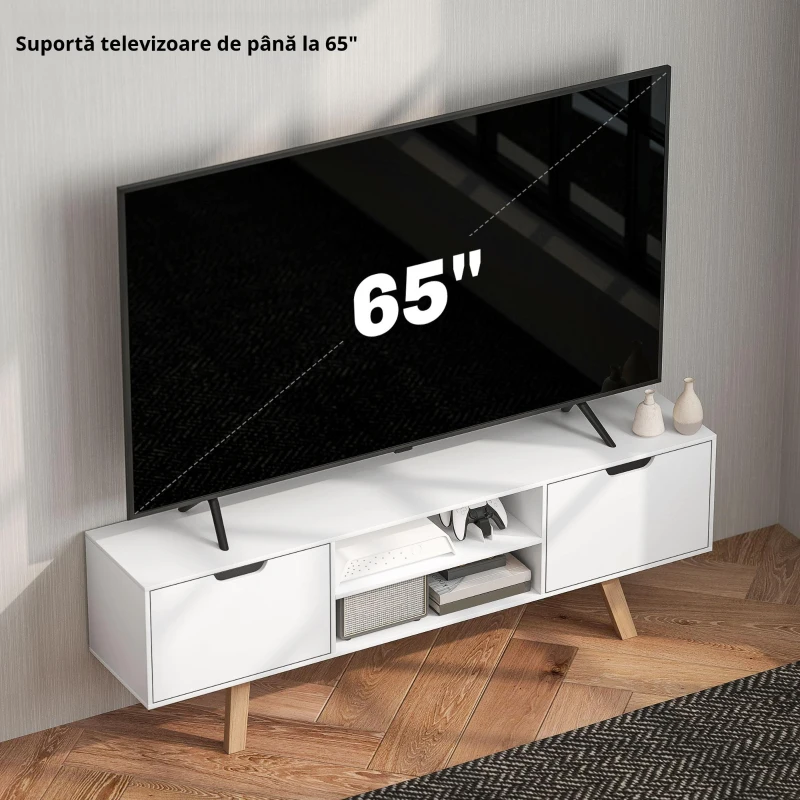 HOMCOM Suport TV cu sertare și rafturi deschise, MDF, 150 x 39 x 50 cm, Alb
