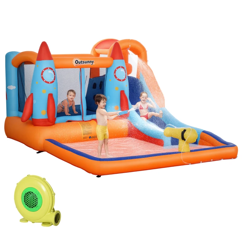 Outsunny Opblaasbaar Springkasteel met Blower voor 4 Kinderen Raketpatroon