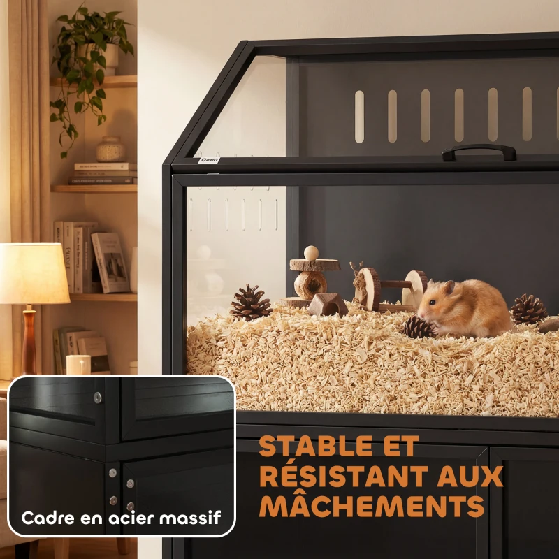 PawHut Cage Hamster 2-en-1 avec Armoire de Rangement pour Rongeur Hamster Syrien et Souris Acier et Acrylique Noir