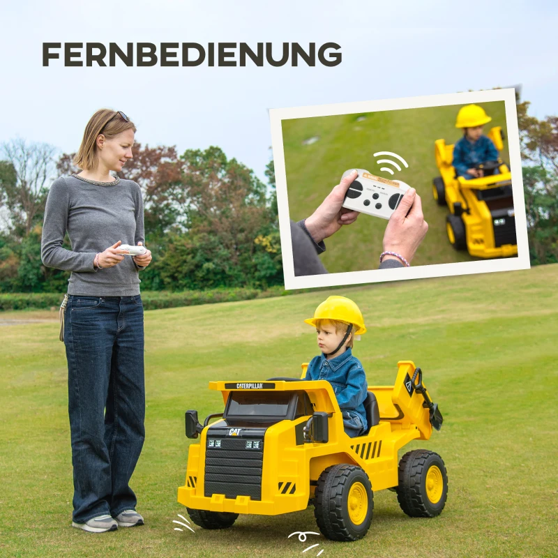 AIYAPLAY Elektrische Tractor 12V voor Kinderen met 2,4G Afstandsbediening, Emmer, Schep, Kinder Elektrische Auto met 2 Motoren, Muziek, Speaker, Koplampen, 3-5 km/u voor 3-6 Jaar, Geel