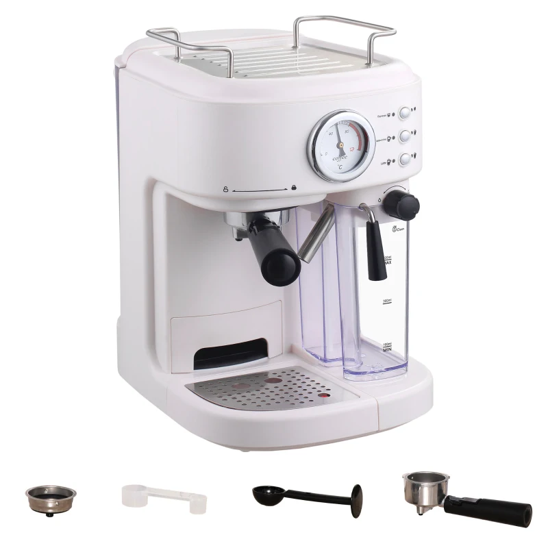HOMCOM 5Pc Coffee Machine, Espresso & Cappuccino & Latte Maker with Milk Frothing Steamer, 1.5L Removable Water Tank, 2 Cups, 1250W