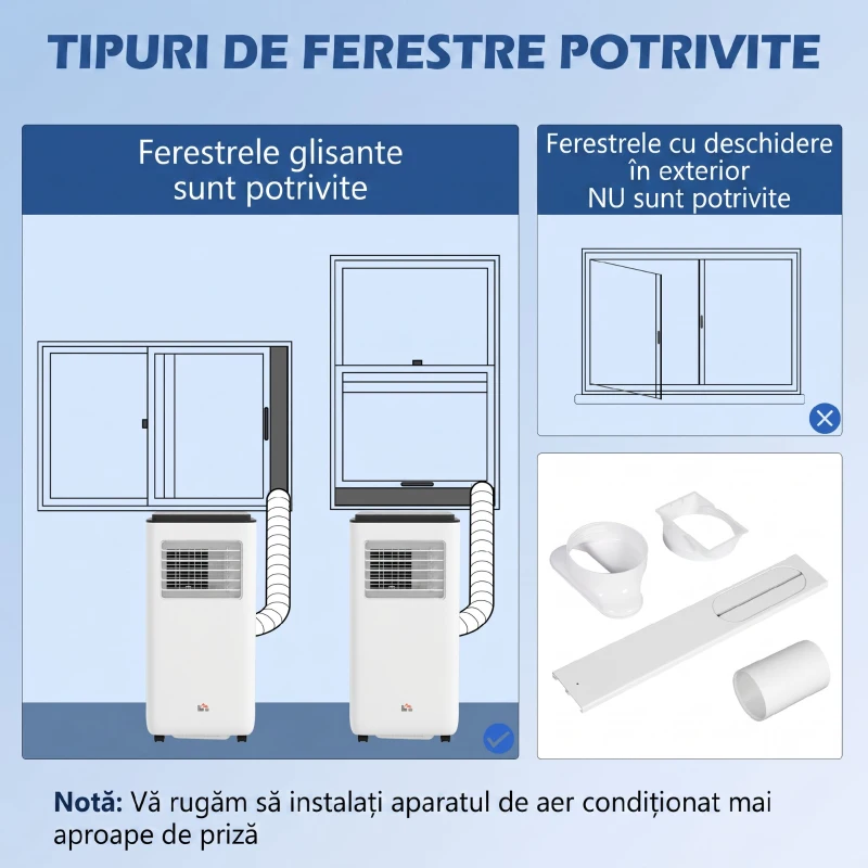HOMCOM Aer condiționat portabil 750W cu 5 moduri și 2 viteze, din ABS și oțel, 33x28x70,4 cm, alb