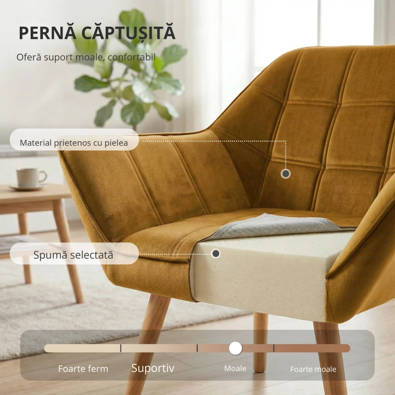 HOMCOM Fotoliu Tapitat, Fotoliu Cu Accente, Design Nordic, Efect De Catifea, până la 120 kg, picioare din lemn de cauciuc, Galben