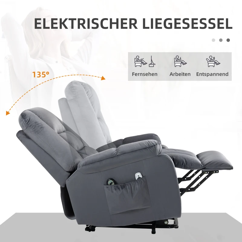 HOMCOM Massagestoel met opsta-hulp seniorenfauteuil relaxfauteuil, 8 massagepunten, 2 zijzakken, 85 cm x 94 cm x 107 cm, Grijs(m-6)