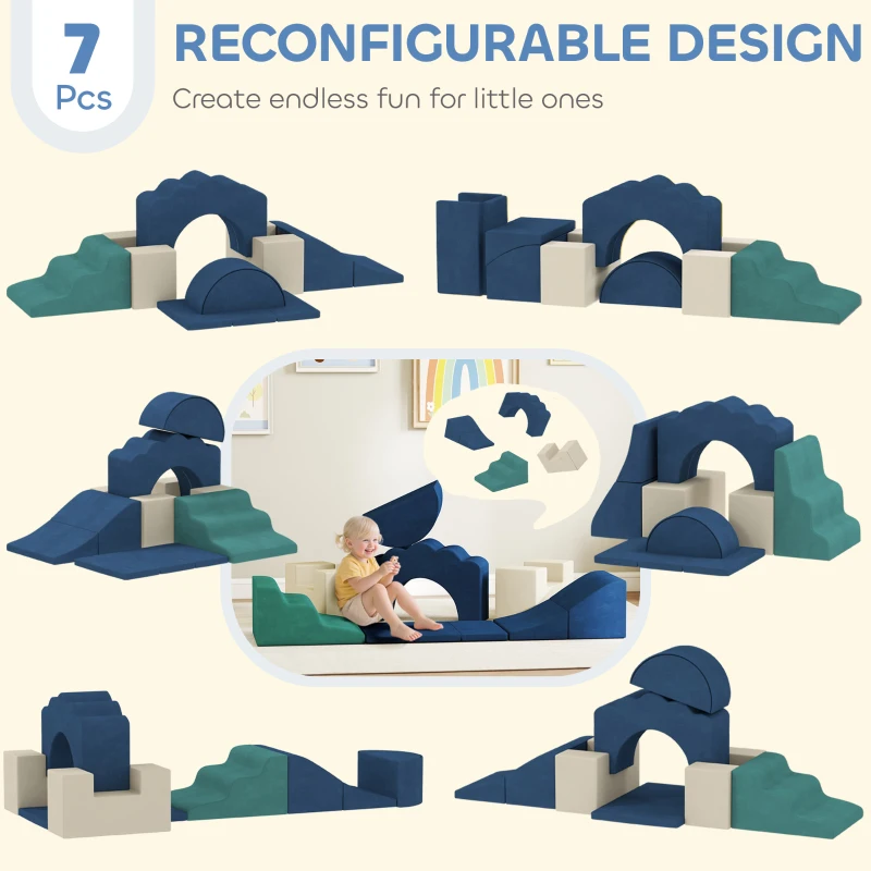 AIYAPLAY 7 Piece Kids Soft Play Set with Detachable Cover, Baby Indoor Climb and Crawl Foam Toy for Toddlers, Dark Blue