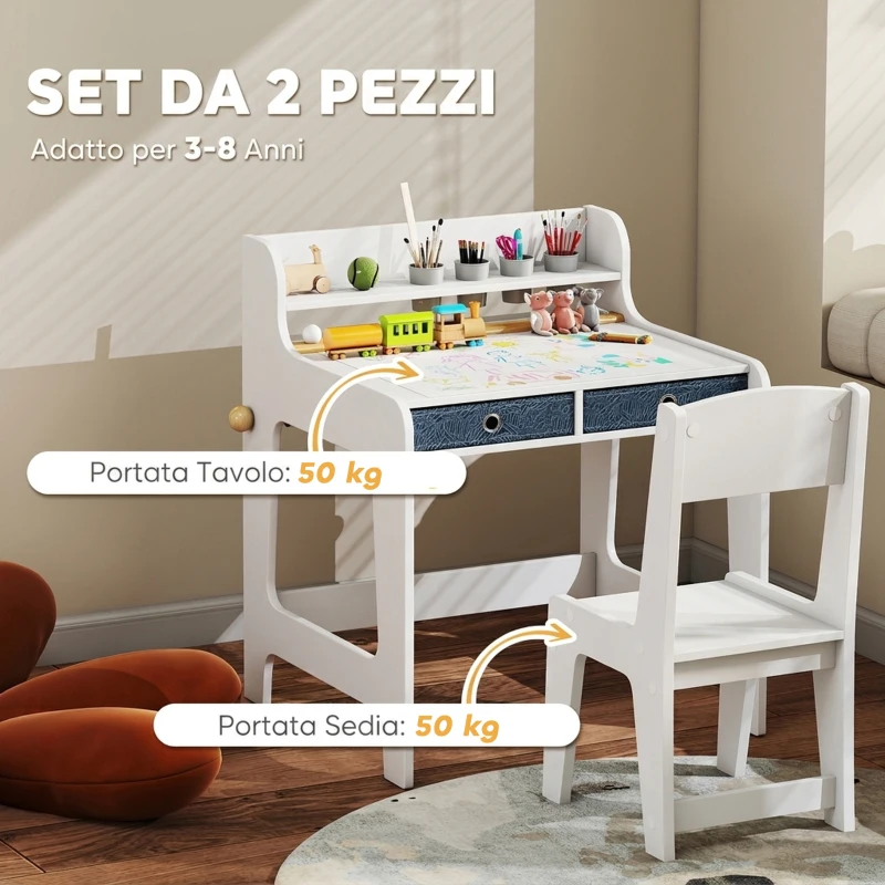 AIYAPLAY Set Scrivania e Sedia per Bambini con Ripiano, Portabicchieri, Cassetti, Ragazzi in Legno per Cameretta