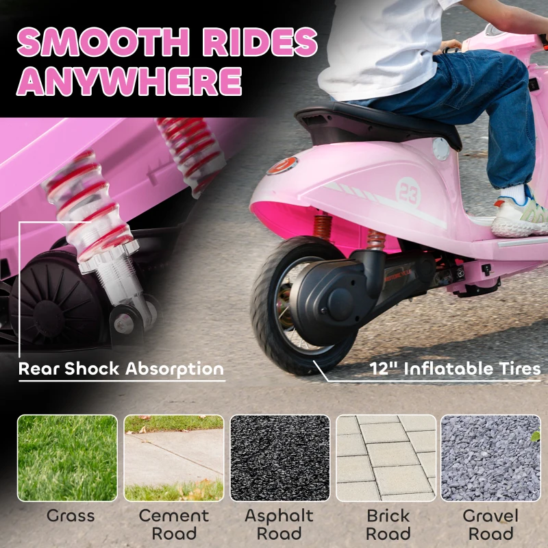 AIYAPLAY 24V Kids Electric Motorbike, Ride on Motorcycle with Manual Throttle, Brakes and LED Lights for Ages 8-12 Years, Pink