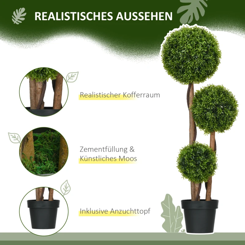 HOMCOM Künstlicher Buchsbaum groß 110cm, UV-beständige Kunstpflanze mit 3 Kugeln für Wohnzimmer Schlafzimmer Büro Garten