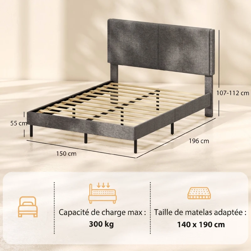 HOMCOM Cadre de Lit 140 x 190 cm avec Sommier et Tête Réglable, Lit Double Rembourré en Lin, Rangement au-dessous, Gris