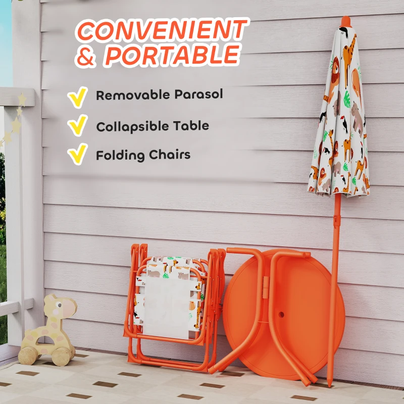 AIYAPLAY Kids Patio Set, Children Table and Chair Set, Outdoor Picnic Table with 2 Folding Chairs and Umbrella, Orange