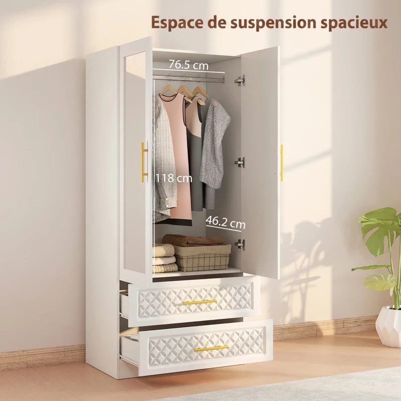 HOMCOM Armoire chambre penderie avec miroir, 2 tiroirs, 2 portes et barre de suspension, 80 x 50 x 180 cm, blanc