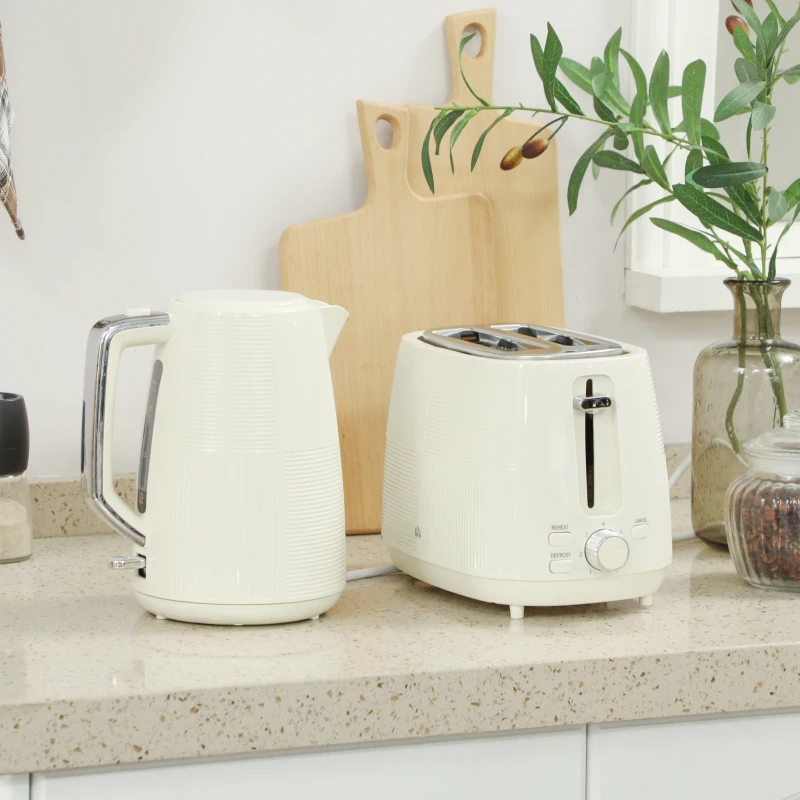 HOMCOM Kettle and Toaster Set, 1.7L 3000W Fast Boil Kettle & 2 Slice Toaster Kitchen Set with 7 Level Browning Controls, Defrost, Reheat, Boil-dry Protection, Cream White