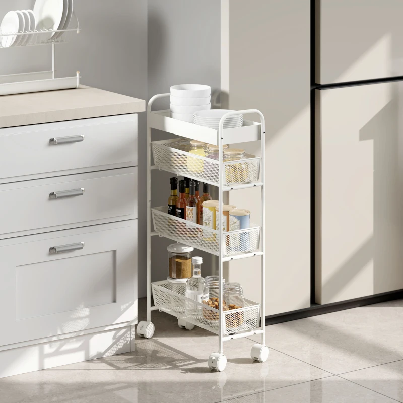 HOMCOM Chariot de rangement à 4 niveaux, desserte à roulettes, 3 paniers coulissants, panier supérieur 19 x 43,2 x 80 cm blanc
