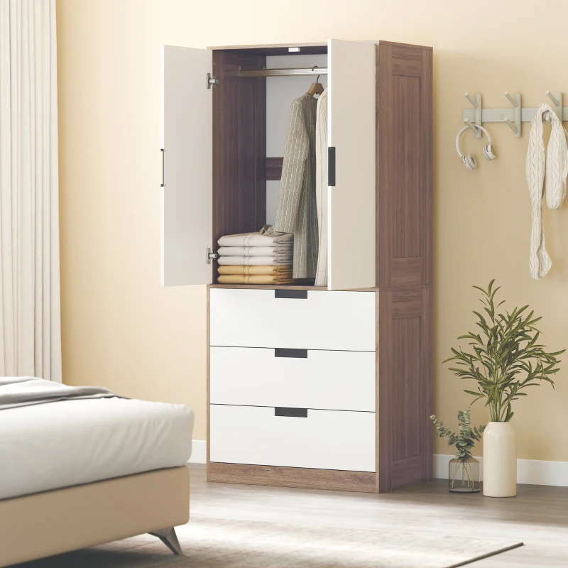 HOMCOM Armoire 2 portes, armoire moderne avec 3 tiroirs et tringle de suspension pour chambre à coucher, marron