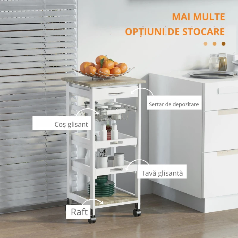 HOMCOM Cărucior de Bucătărie Măsuță Mobilă Economisire Spațiu cu Rafturi și Sertar din Lemn, Etajeră pe Roți, 37x37x82 cm, Alb