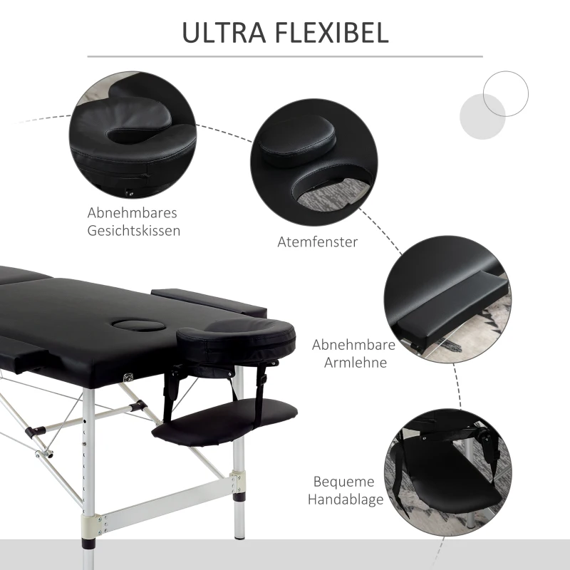 HOMCOM Massagetafel, 2 Zones Opvouwbare Massagebank met Kunstlederen Bekleding, Hoofdsteun, Armleuningen, Tas, Hoogteverstelbaar 90cm Breed tot 225kg Belastbaar, Zwart