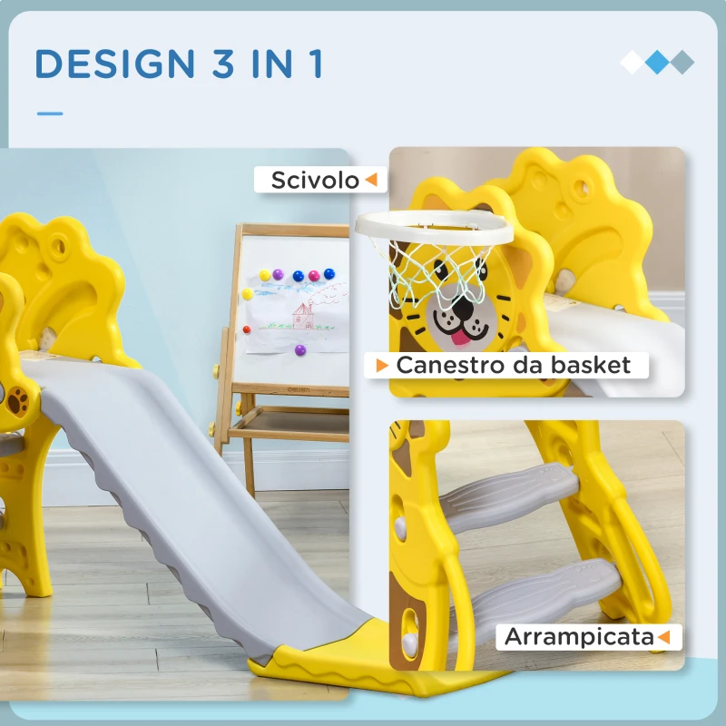 AIYAPLAY Scivolo per Bambini 18-36 Mesi con Canestro da Basket Laterale in PE, 131x50x74 cm, Giallo e Grigio