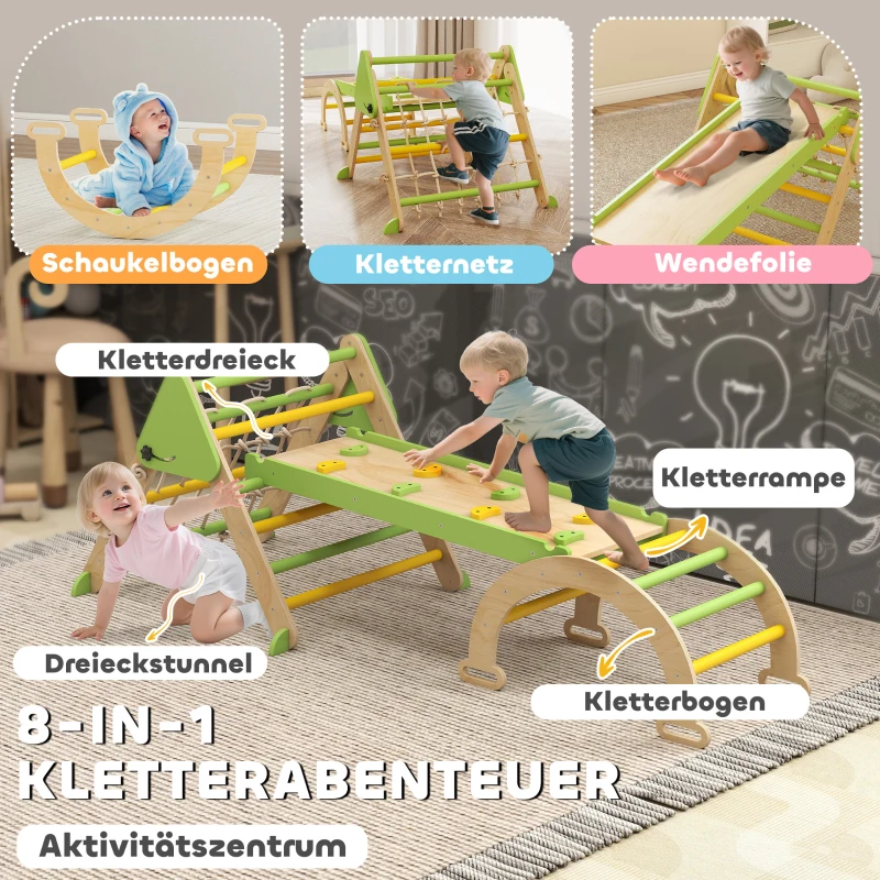 AIYAPLAY 8-in-1 Montessori Klettergerüst Indoor Holz Kletterdreieck mit Kletterbogen, doppelseitiger Rutsche, Grün