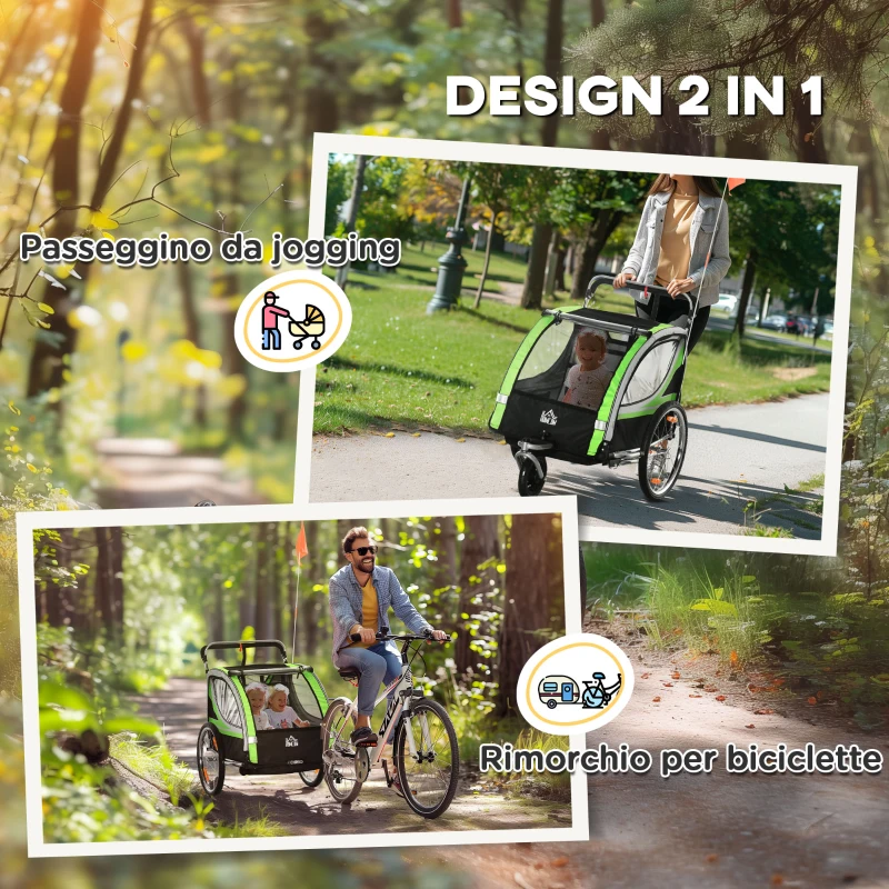 HOMCOM Rimorchio Bici per Bambini e Passeggino 2 in 1 con Cintura, Tasche e Bandierina, Verde