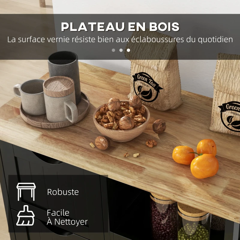 HOMCOM Chariot desserte de cuisine à roulettes plan de travail en bois 3 tiroirs et 1 plateau amovible 67 x 37 x 85,5 cm noir