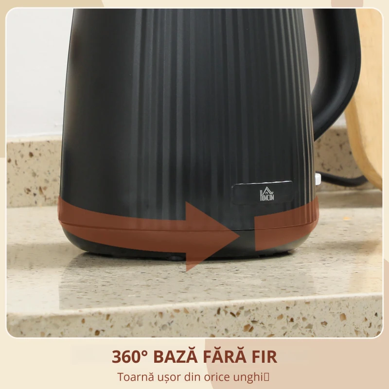 HOMCOM Fierbător Electric 1,7L 2200W cu Filtru Anticalcar Detașabil Oprire Automată Bază Rotativă 360° Negru