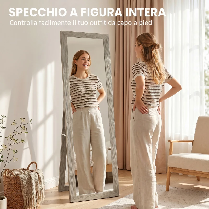 HOMCOM Specchio da Terra a Figura Intera con Cornice e Supporto, in Legno e Vetro, 37x40x155 cm, Grigio