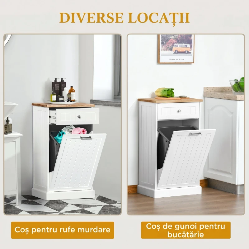 HOMCOM Bufet de Bucătărie, Dulap cu Suport pentru Coș de Gunoi 38L, Sertar, Alb