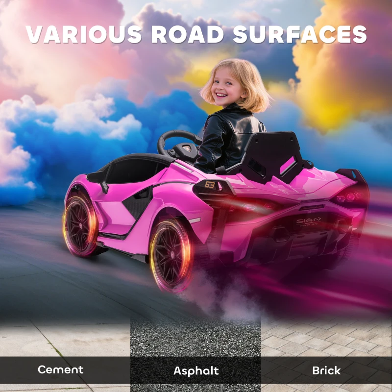 HOMCOM Lamborghini Sian Licensed Electric Car for Kids, 12V Kids Electric Ride on Car with Dual Motors, Remote Control, Pink