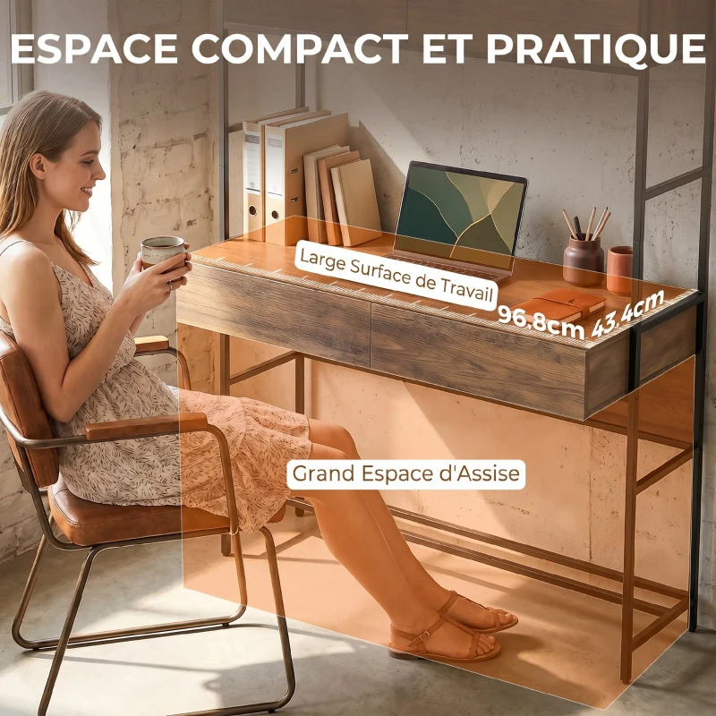 HOMCOM Bureau d'ordinateur avec 2 tiroirs, 100 x 45 x 185 cm, bureau avec rangement, 2 portes et étagères ouvertes, marron