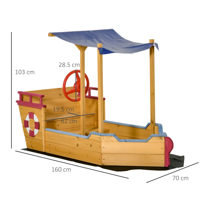 Outsunny Sand Pit, Kids Wooden Sandbox Pirate Ship, Sandboat Play Station with Canopy Shade, Storage Bench and Bottom Liner for Outdoor Garden