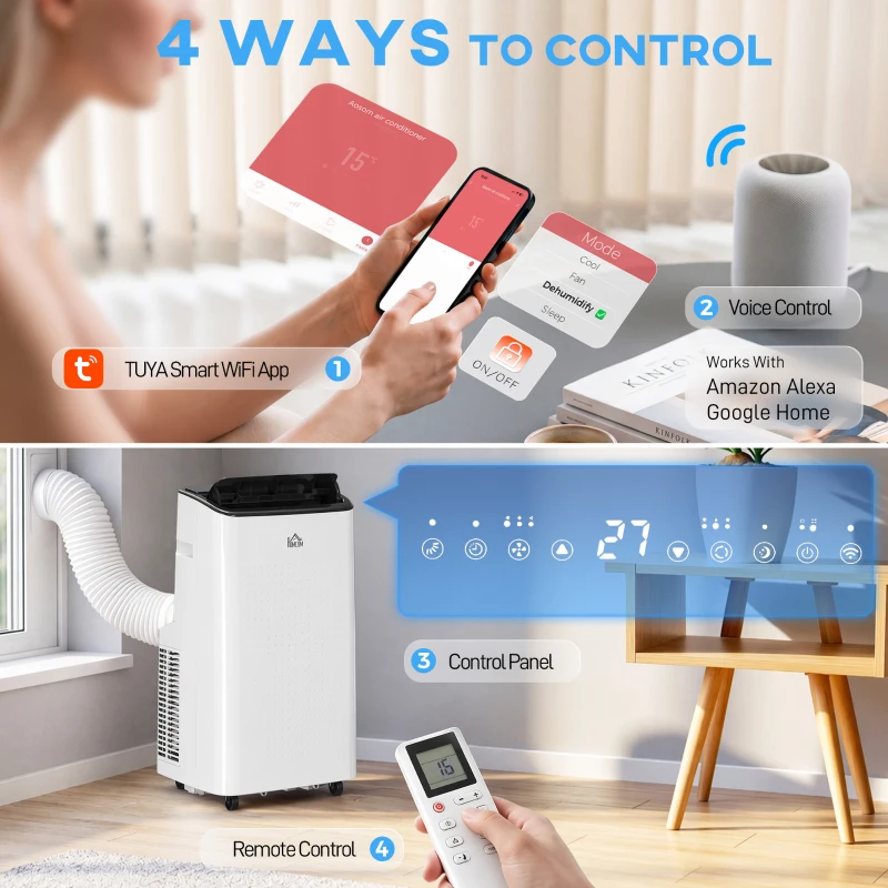 HOMCOM 14000 BTU Mobile Air Conditioner for Room up to 35m², Smart Home WiFi Compatible, with Dehumidifier, Fan, 24H Timer