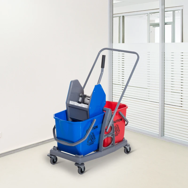 HOMCOM Chariot de lavage chariot de nettoyage professionnel presse à mâchoire 2 seaux 25 L 73L x 45l x 92H cm plastique gris bleu rouge